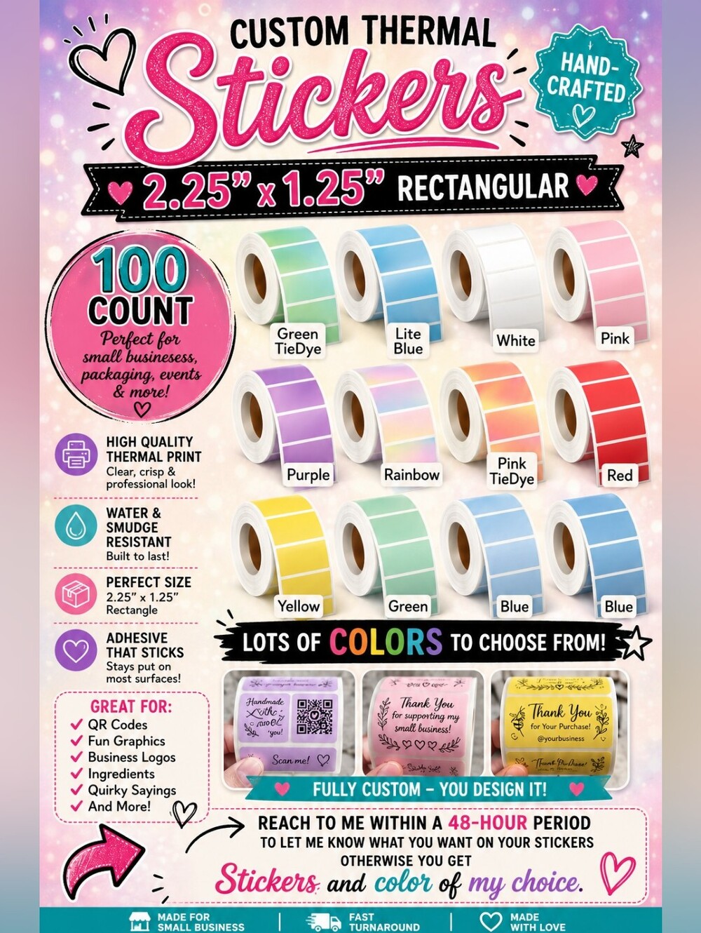 BUY NOW! Custom 100 Thermal Labels Available in Different Colors  "2.25x1.25"